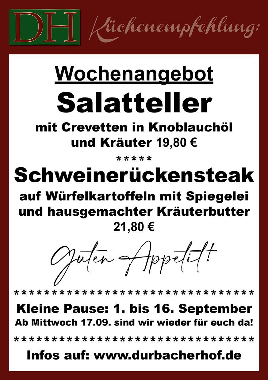 Aktuelle Wochenkarte 35/2025 im Durbacher Hof