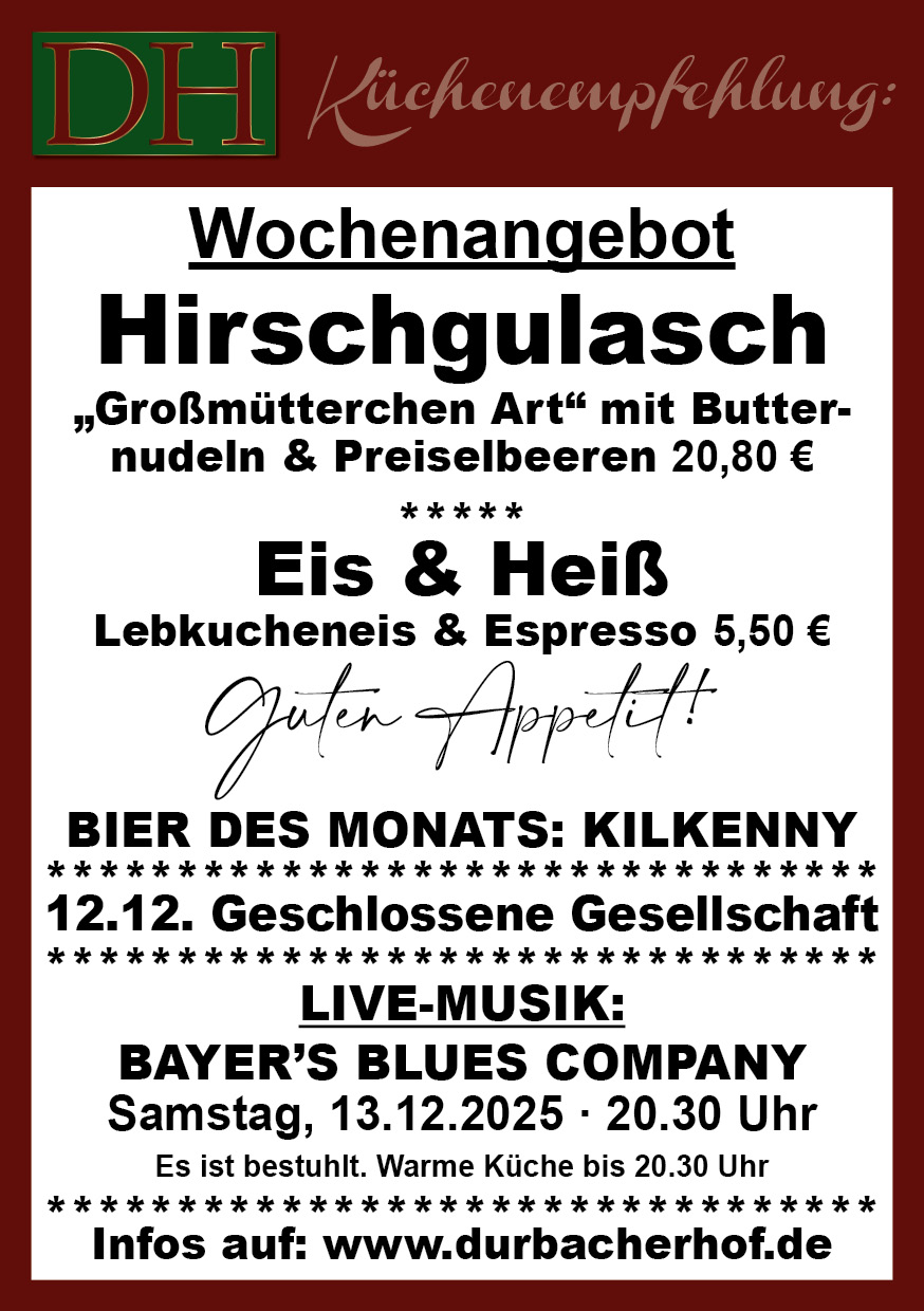 Aktuelle Wochenkarte 50/2025 im Durbacher Hof