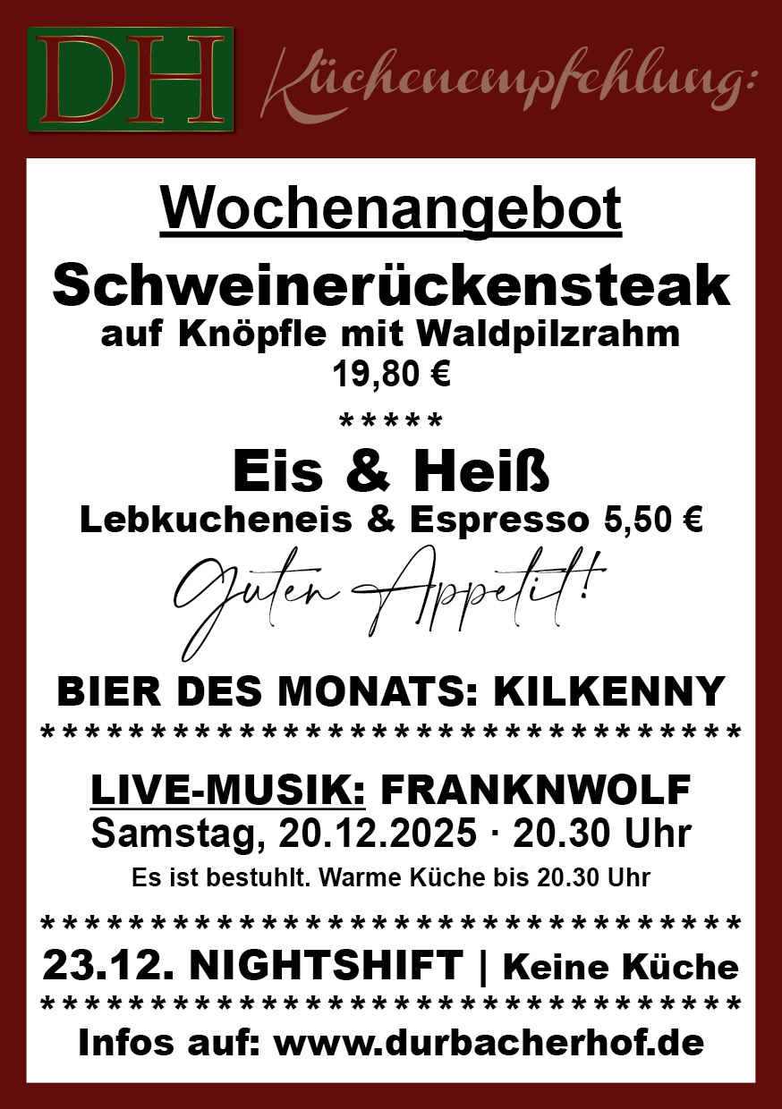 Aktuelle Wochenkarte 51/2025 im Durbacher Hof