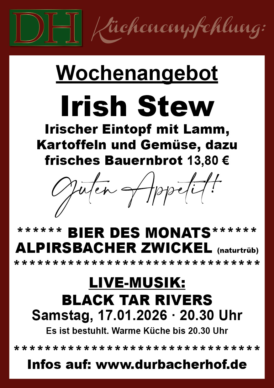 Aktuelle Wochenkarte 03/2026 im Durbacher Hof