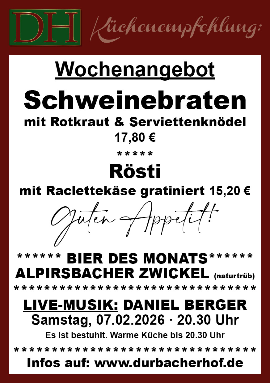 Aktuelle Wochenkarte 06/2026 im Durbacher Hof