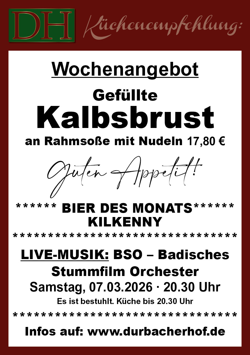 Aktuelle Wochenkarte 10/2026 im Durbacher Hof