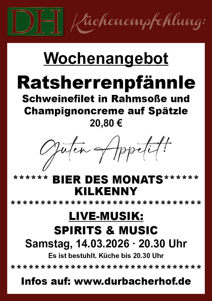 Aktuelle Wochenkarte 11/2026 im Durbacher Hof