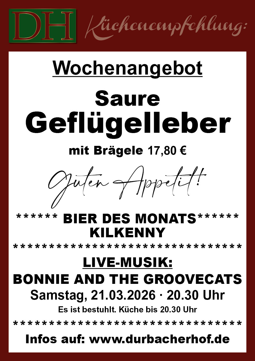 Aktuelle Wochenkarte 12/2026 im Durbacher Hof