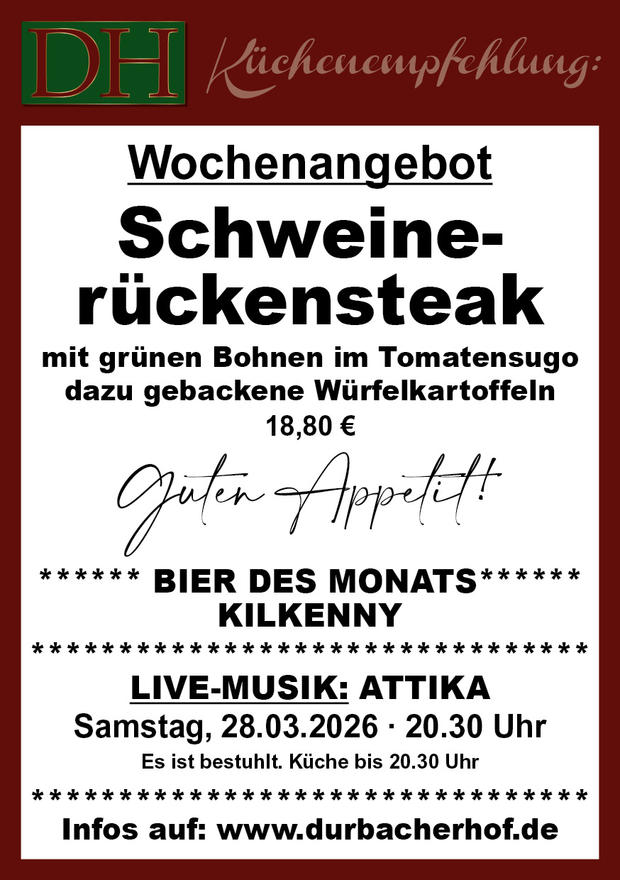 Aktuelle Wochenkarte 13/2026 im Durbacher Hof