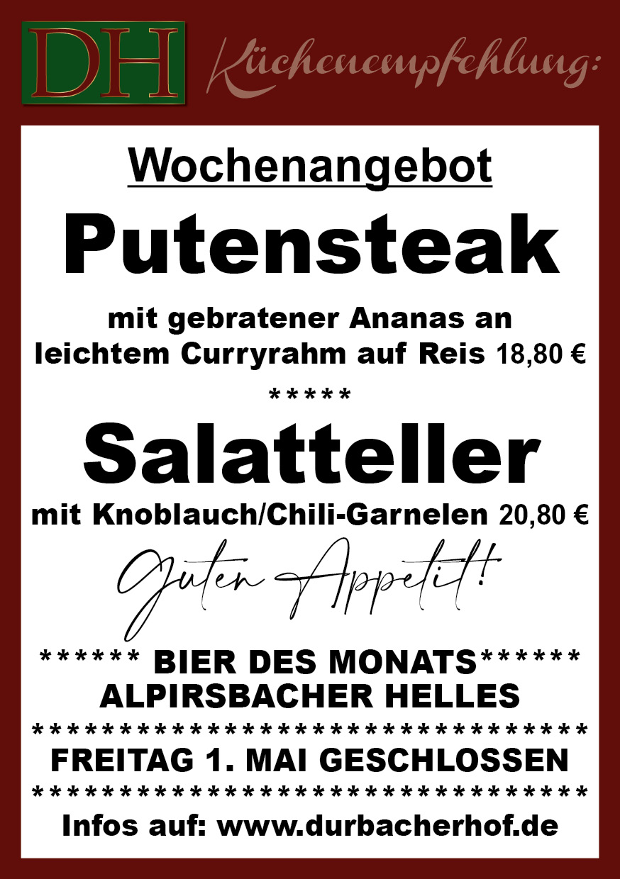 Aktuelle Wochenkarte 18/2026 im Durbacher Hof