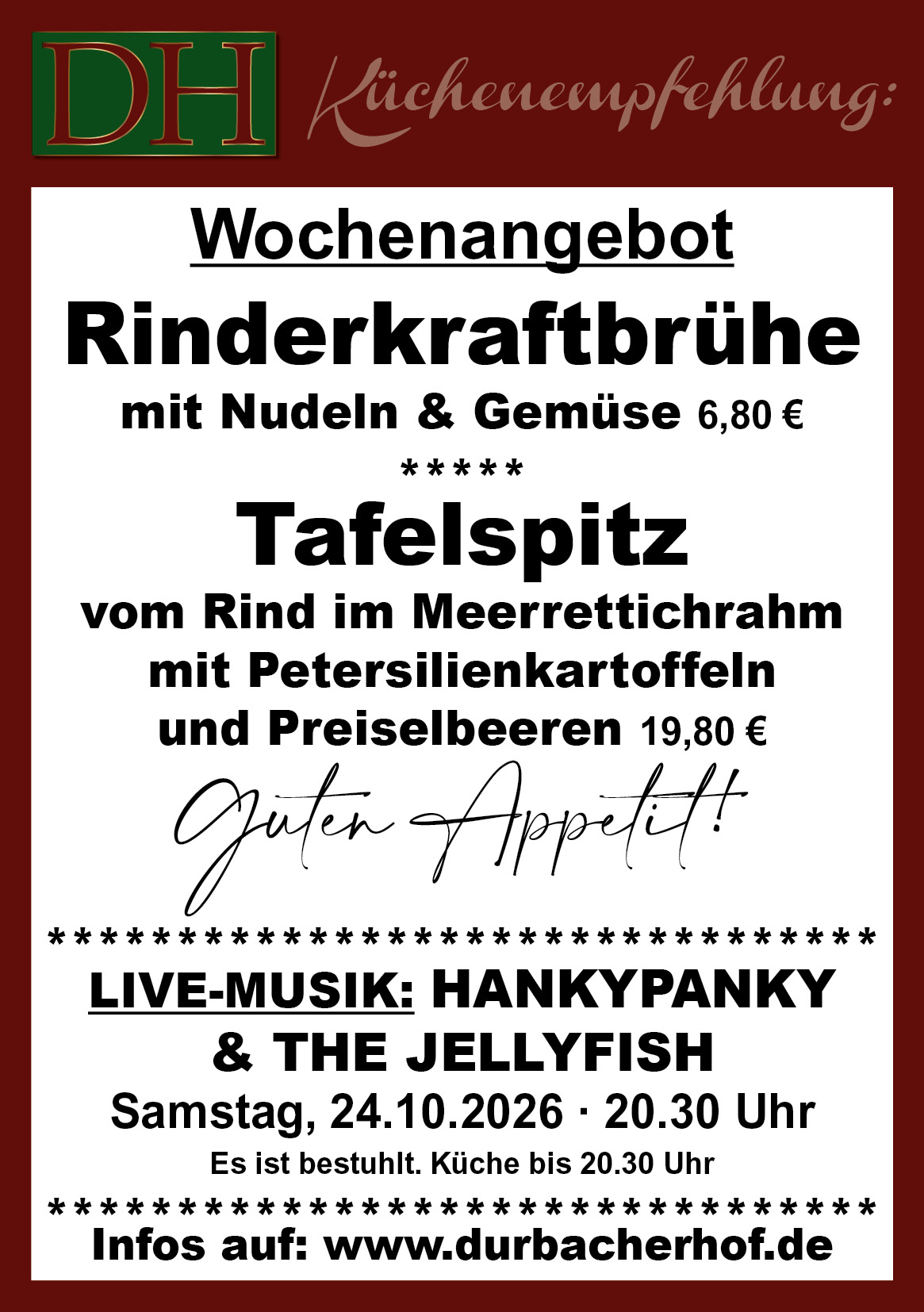Aktuelle Wochenkarte 43/2026 im Durbacher Hof