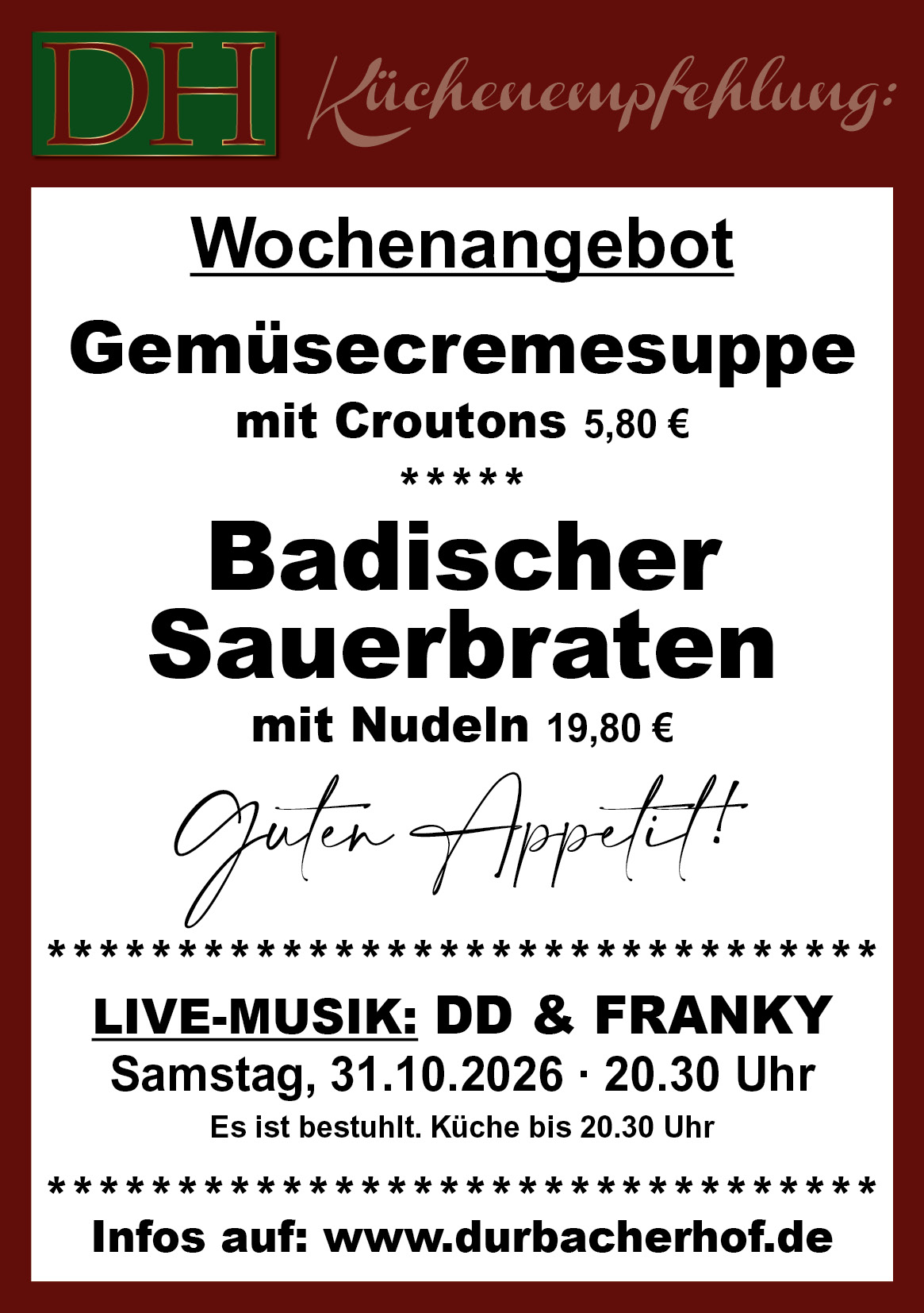 Aktuelle Wochenkarte 44/2026 im Durbacher Hof